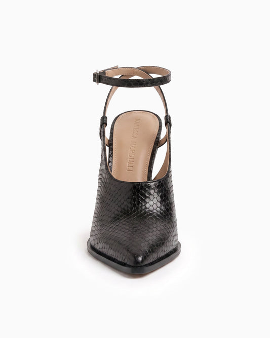 Maia ayers cutout pump with ankle strap and sculptural geometric heel, front view