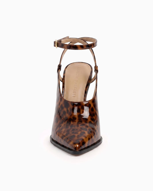 Maia tortoiseshell patent leather cutout pump with ankle strap and sculptural geometric heel, front view
