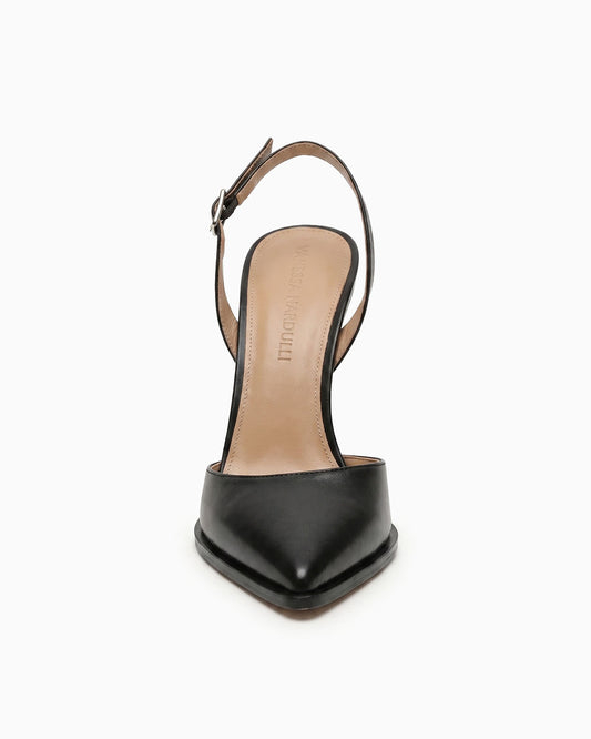 Mia black nappa sugar leather slingback pump with sculptural geometric heel, front view