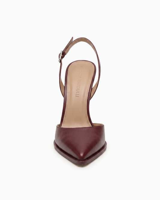 Mia bordeaux nappa sugar leather slingback pump with sculptural geometric heel, front view