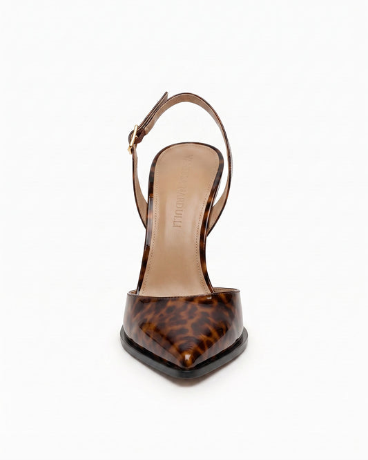 Mia tortoiseshell patent leather slingback pump with sculptural geometric heel, front view