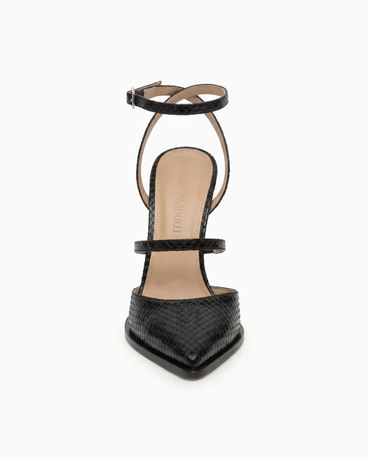 Victoria black ayers leather heels with ankle strap and sculptural geometric heel, front view