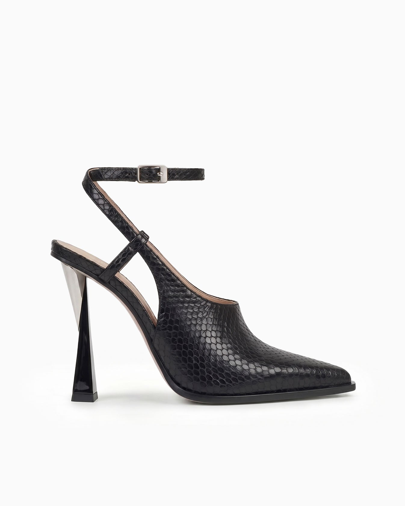 Maia black ayers leather cutout pump with ankle strap and sculptural geometric heel, side view