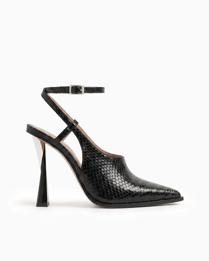 Maia black ayers leather cutout pump with ankle strap and sculptural geometric heel, side view