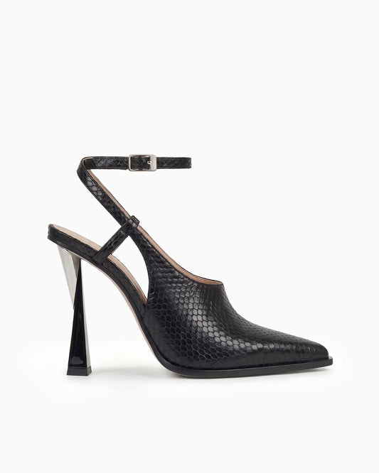 Maia black ayers leather cutout pump with ankle strap and sculptural geometric heel, side view