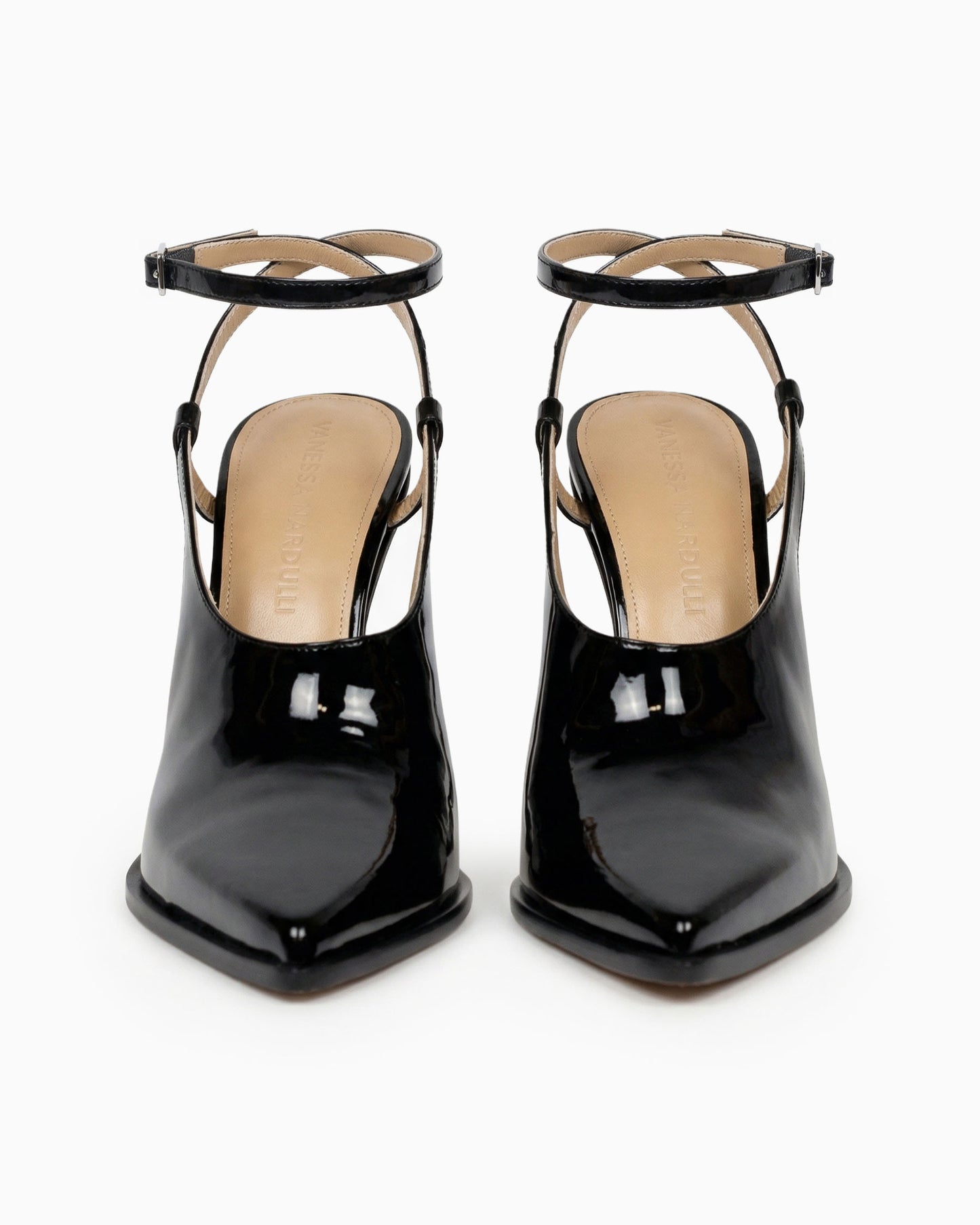 Maia black patent leather cutout pumps with ankle strap and sculptural geometric heel, front view pair