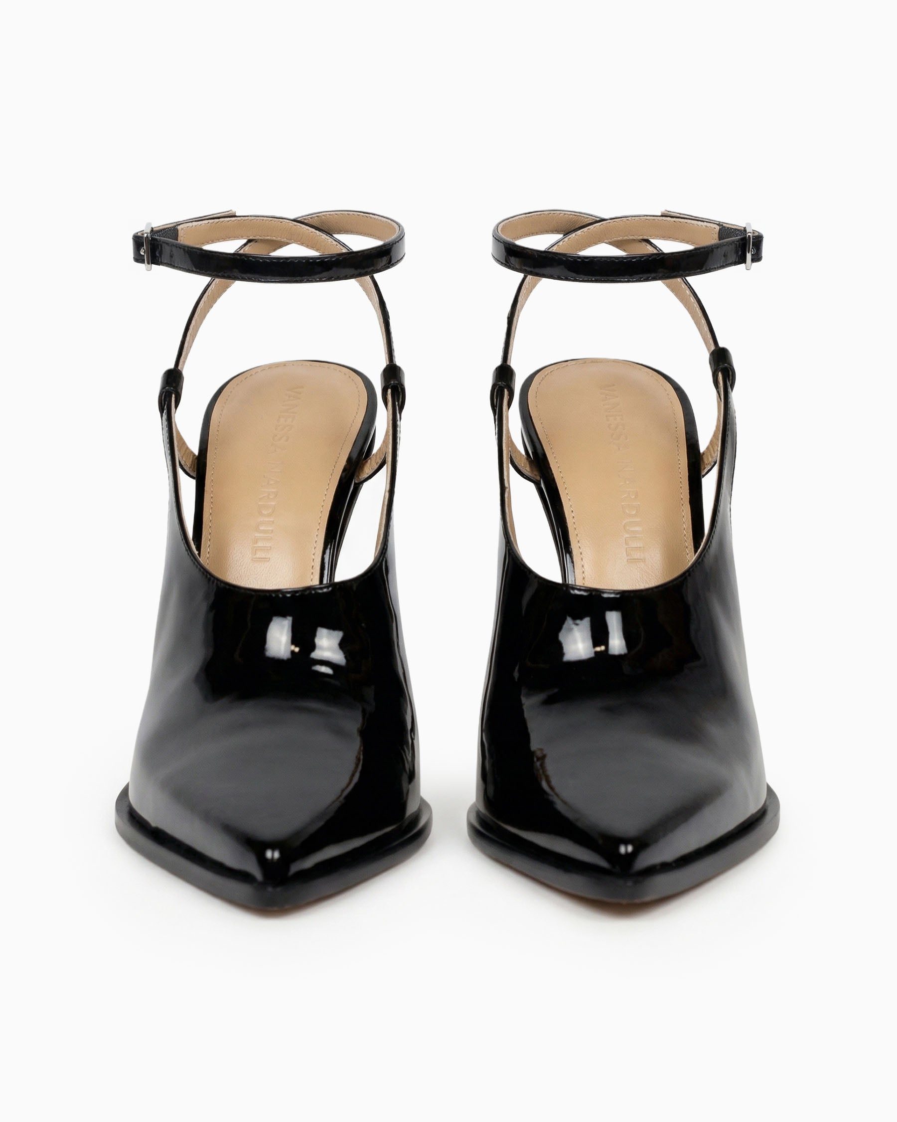 Maia black patent leather cutout pumps with ankle strap and sculptural geometric heel, front view pair