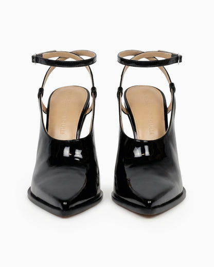 Maia black patent leather cutout pumps with ankle strap and sculptural geometric heel, front view pair