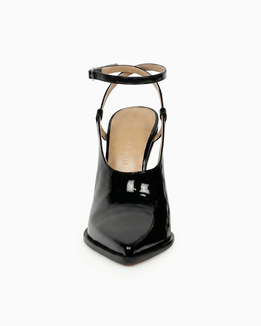 Maia black patent leather cutout pump with ankle strap and sculptural geometric heel, front view
