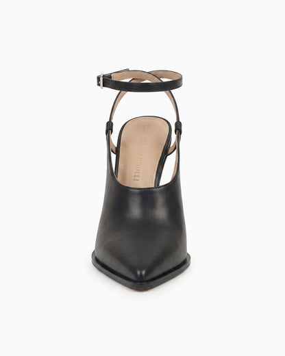 Maia black nappa leather cutout pump with ankle strap and sculptural geometric heel, front view
