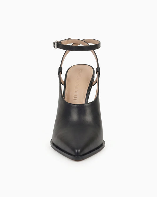 Maia black nappa leather cutout pump with ankle strap and sculptural geometric heel, front view
