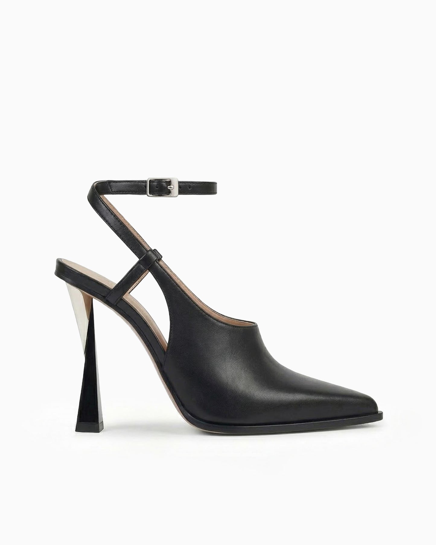 Maia black nappa leather cutout pump with ankle strap and sculptural geometric heel, side view