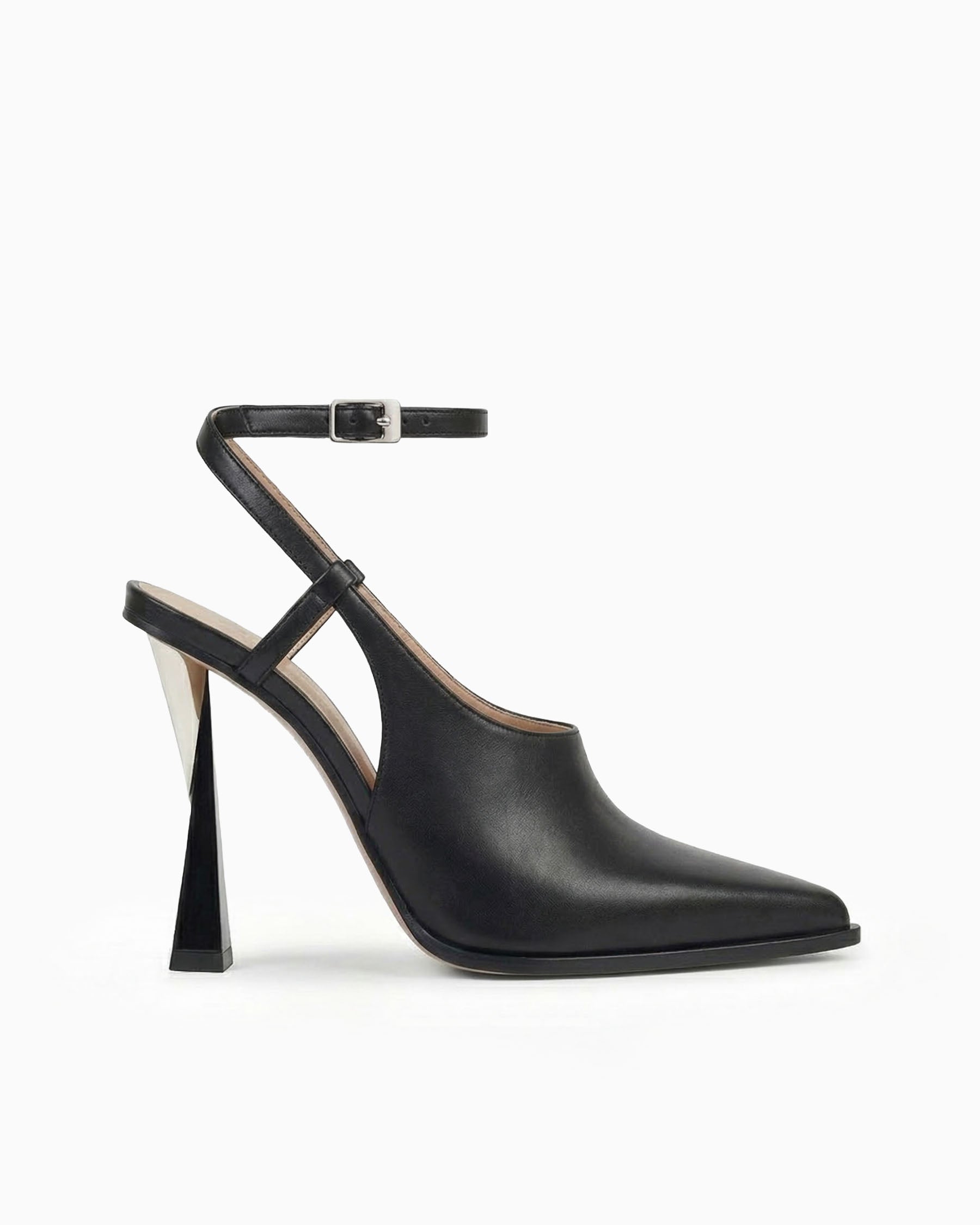 Maia black nappa leather cutout pump with ankle strap and sculptural geometric heel, side view
