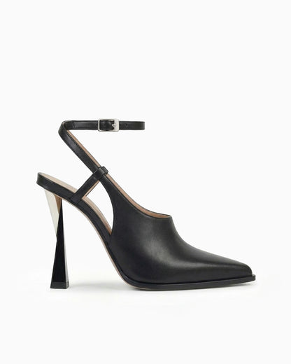 Maia black nappa leather cutout pump with ankle strap and sculptural geometric heel, side view