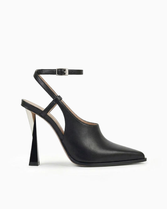 Maia black nappa leather cutout pump with ankle strap and sculptural geometric heel, side view