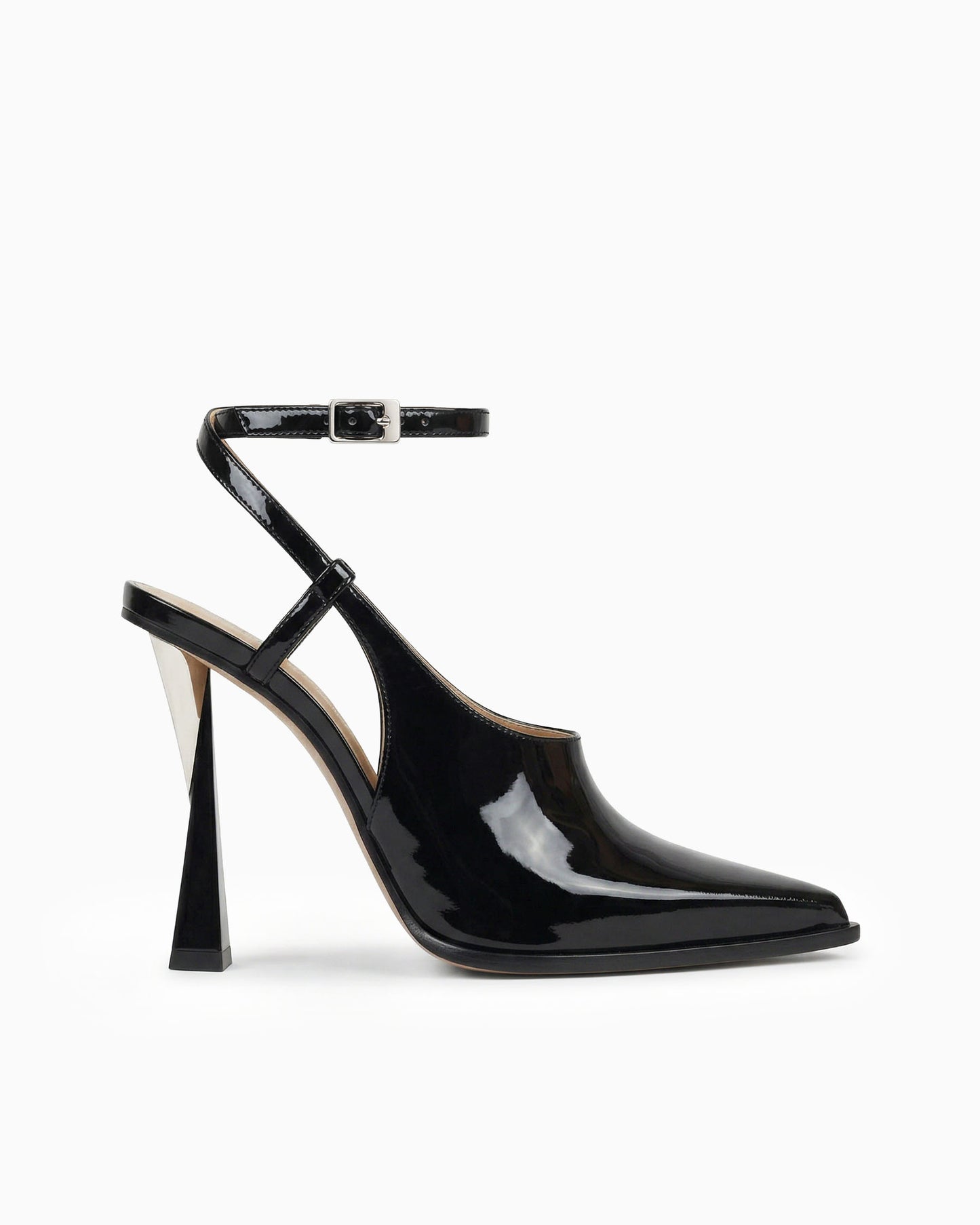 Maia black patent leather cutout pump with ankle strap and sculptural geometric heel, side view
