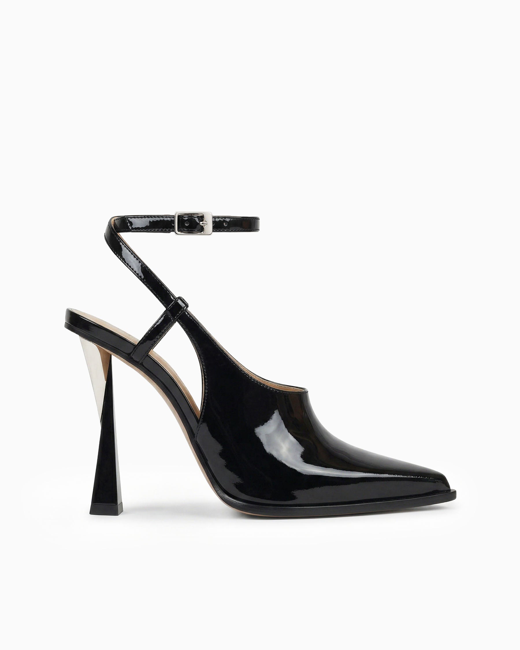 Maia black patent leather cutout pump with ankle strap and sculptural geometric heel, side view