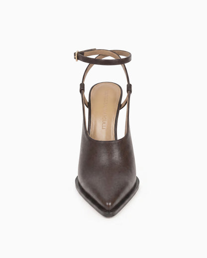 Maia brown nappa leather cutout pump with ankle strap and sculptural geometric heel, front view