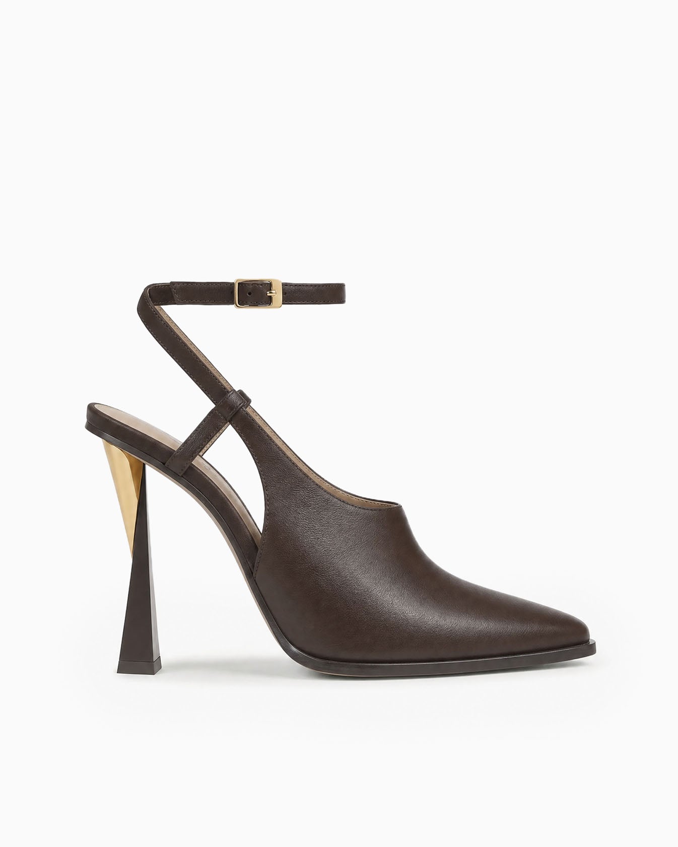 Maia brown nappa leather cutout pump with ankle strap and sculptural geometric heel, side view