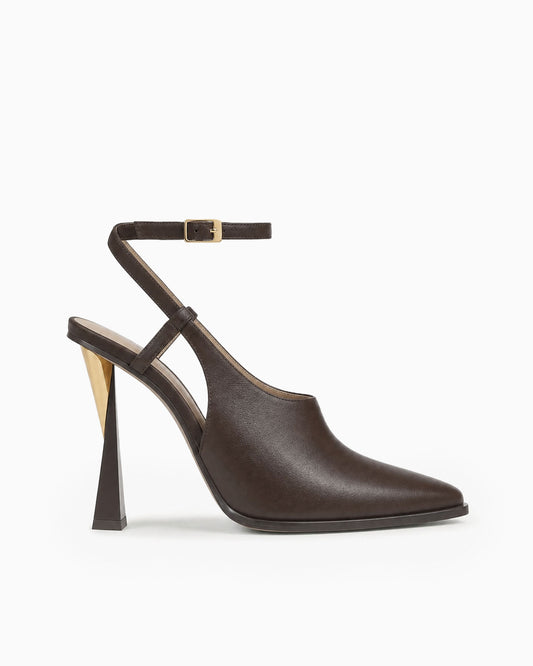 Maia brown nappa leather cutout pump with ankle strap and sculptural geometric heel, side view