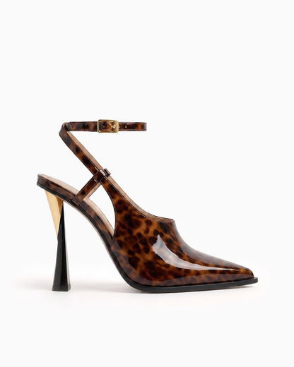 Maia tortoiseshell patent leather cutout pump with ankle strap and sculptural geometric heel, side view