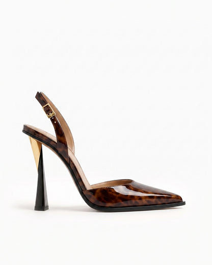 Mia tortoiseshell patent leather slingback pump with sculptural geometric heel, side view