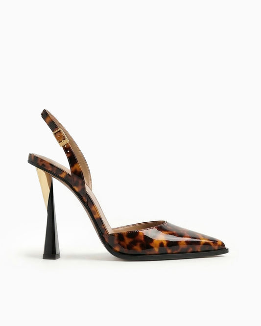 Mia tortoiseshell patent leather slingback pump with sculptural geometric heel, side view