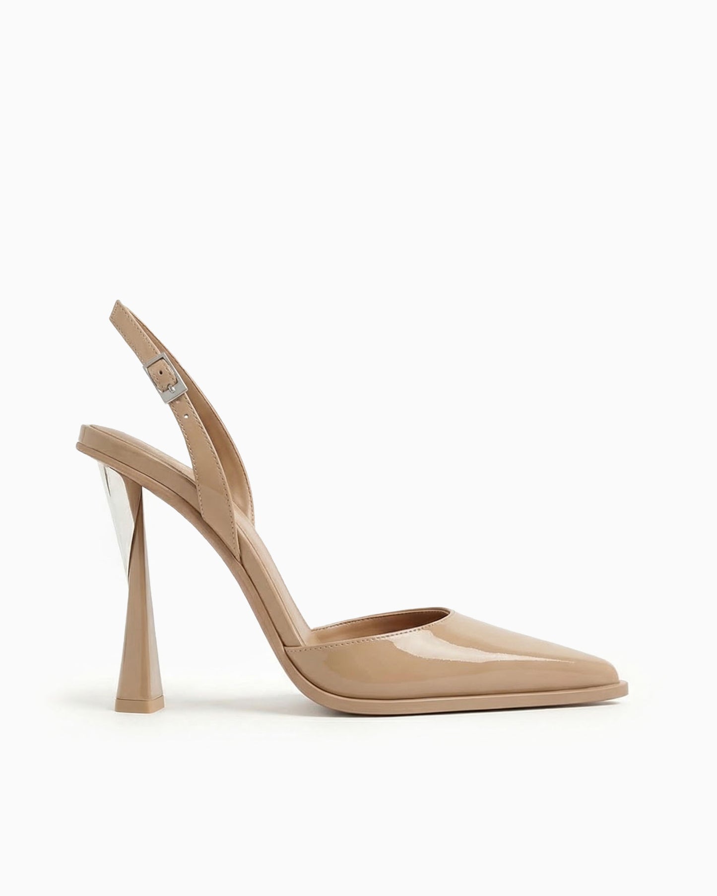 Mia beige patent leather slingback pump with sculptural geometric heel, side view