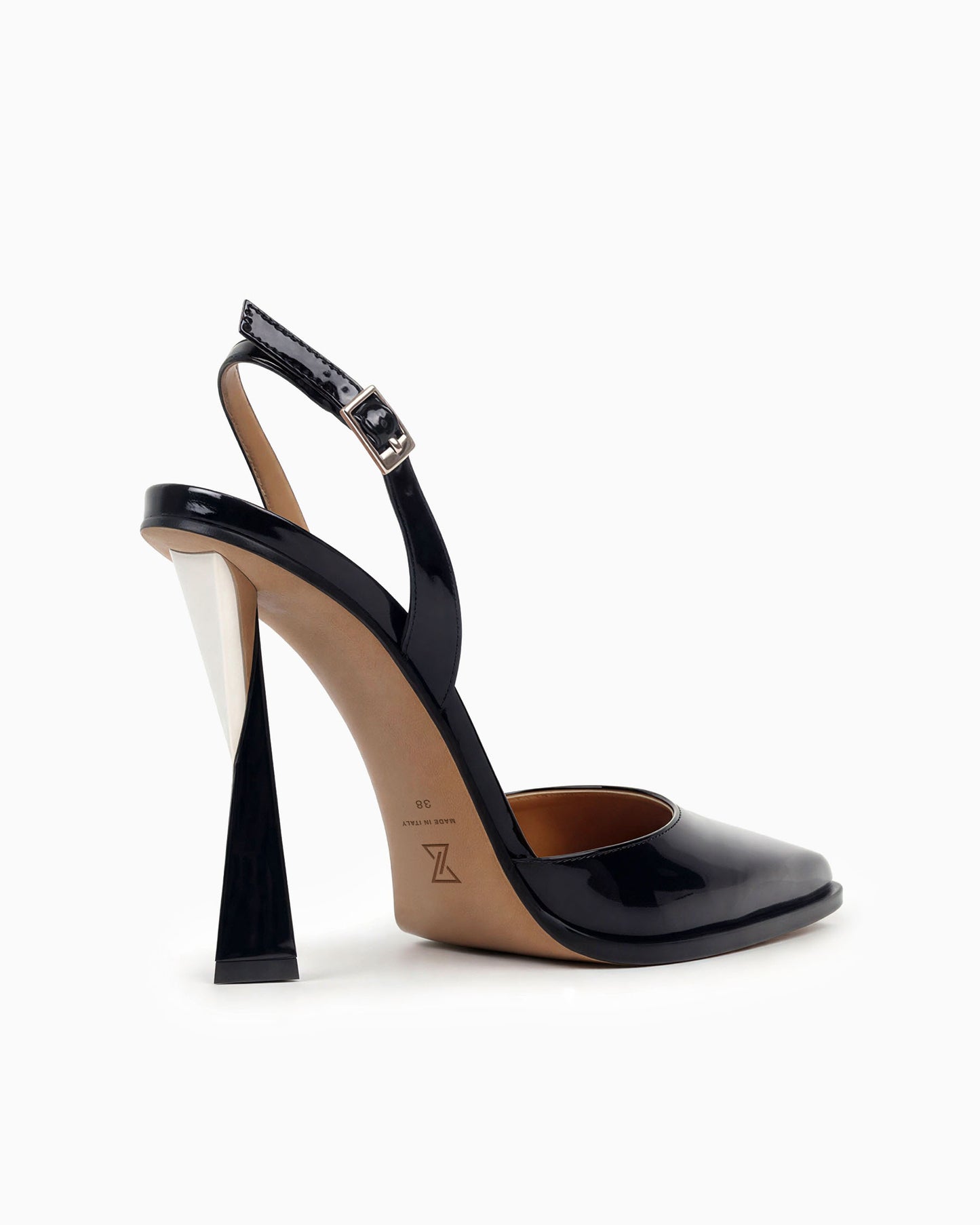 Mia black patent leather slingback pump with sculptural geometric heel, angled side view