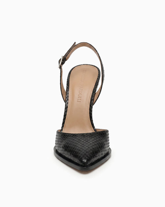 Mia ayers slingback pump with sculptural geometric heel, front view