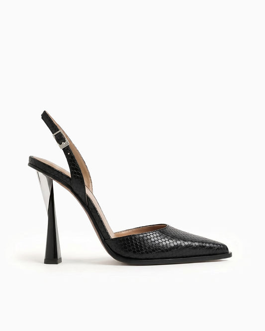 Mia black ayers leather slingback pump with sculptural geometric heel, side view