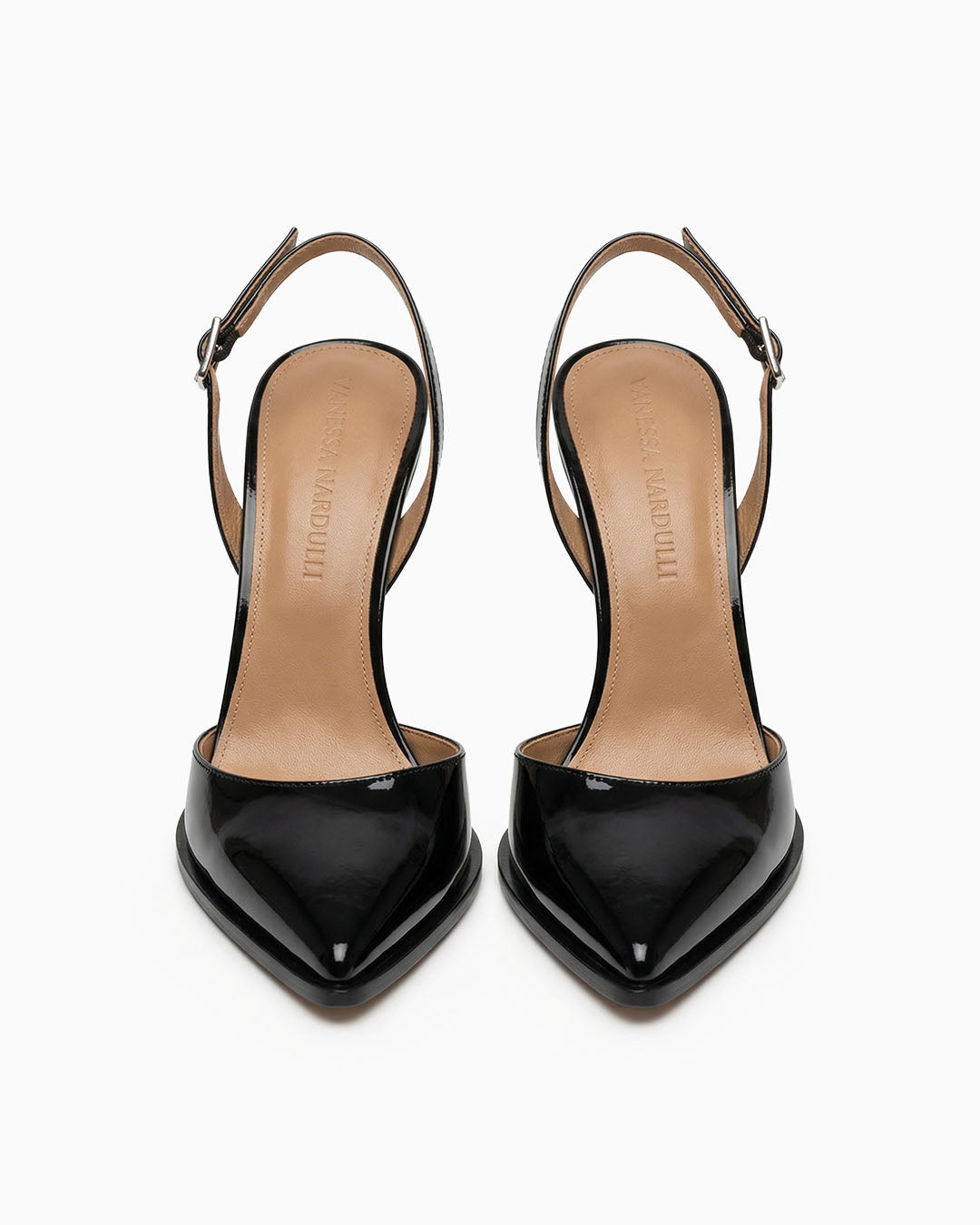 Mia black patent leather slingback pumps with sculptural geometric heel, front view pair