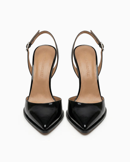 Mia black patent leather slingback pumps with sculptural geometric heel, front view pair