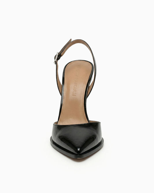 Mia black patent leather slingback pump with sculptural geometric heel, front view