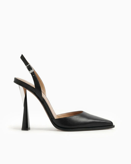 Mia black nappa leather slingback pump with sculptural geometric heel, side view