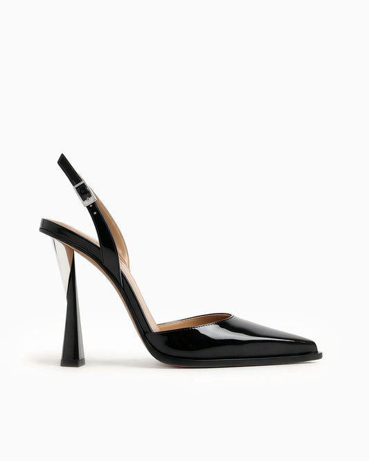 Mia black patent leather slingback pump with sculptural geometric heel, side view
