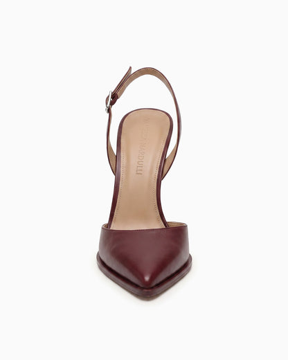 Mia bordeaux nappa sugar leather slingback pump with sculptural geometric heel, front view