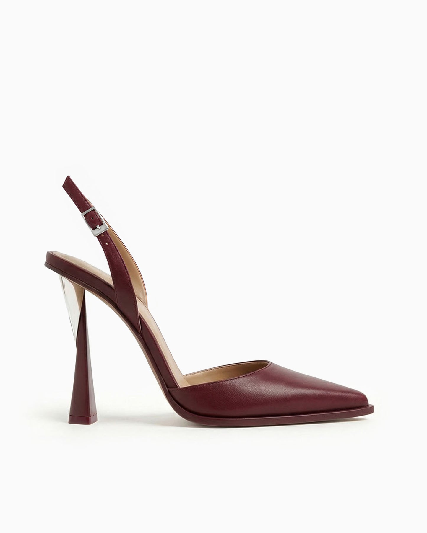 Mia bordeaux nappa leather slingback pump with sculptural geometric heel, side view
