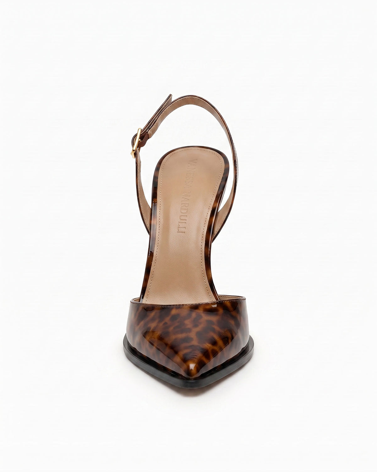 Mia tortoiseshell patent leather slingback pump with sculptural geometric heel, front view
