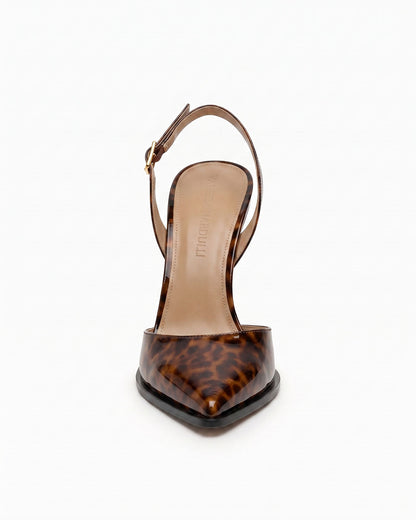Mia tortoiseshell patent leather slingback pump with sculptural geometric heel, front view