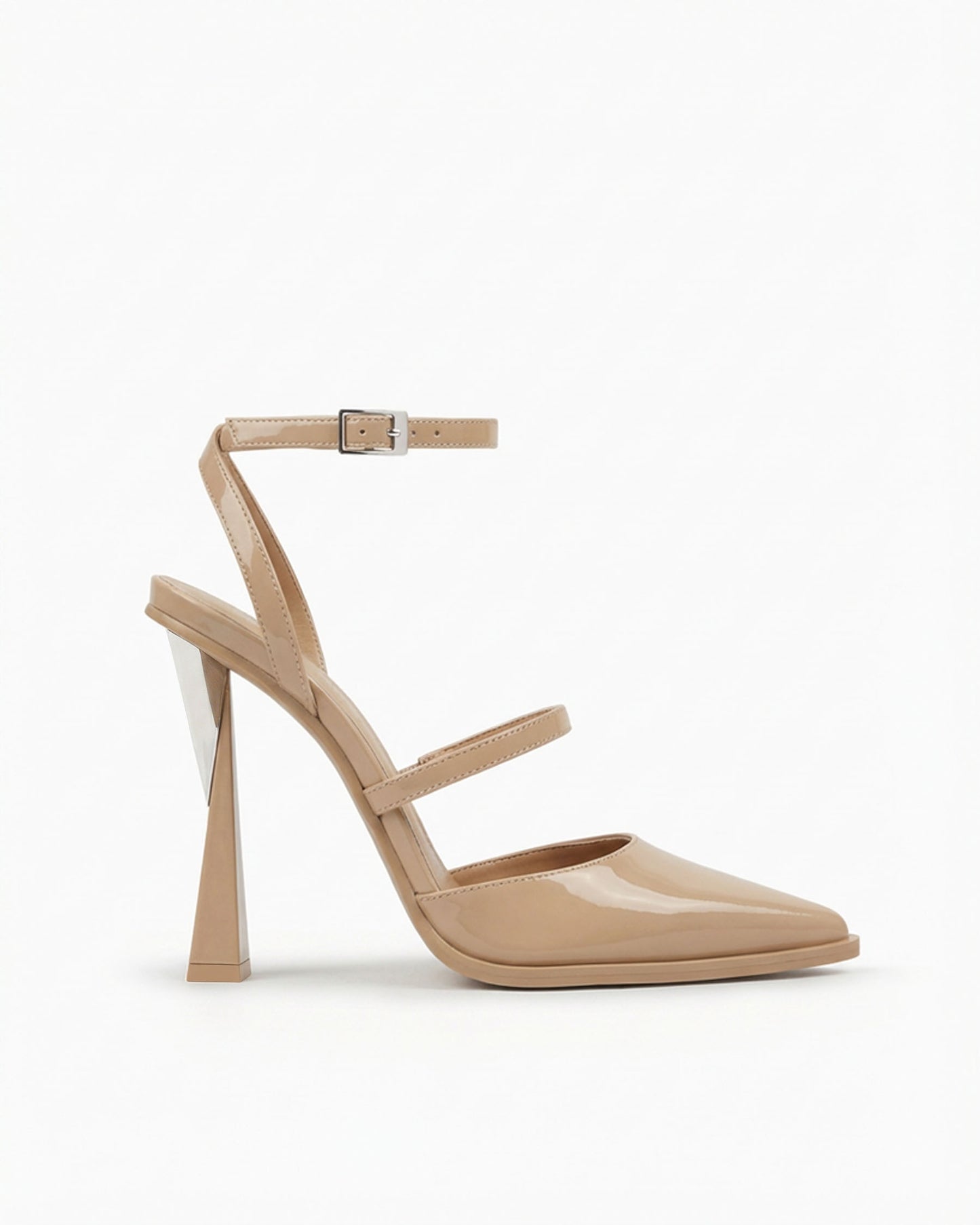 Victoria beige patent leather heels with ankle strap and sculptural geometric heel, side view