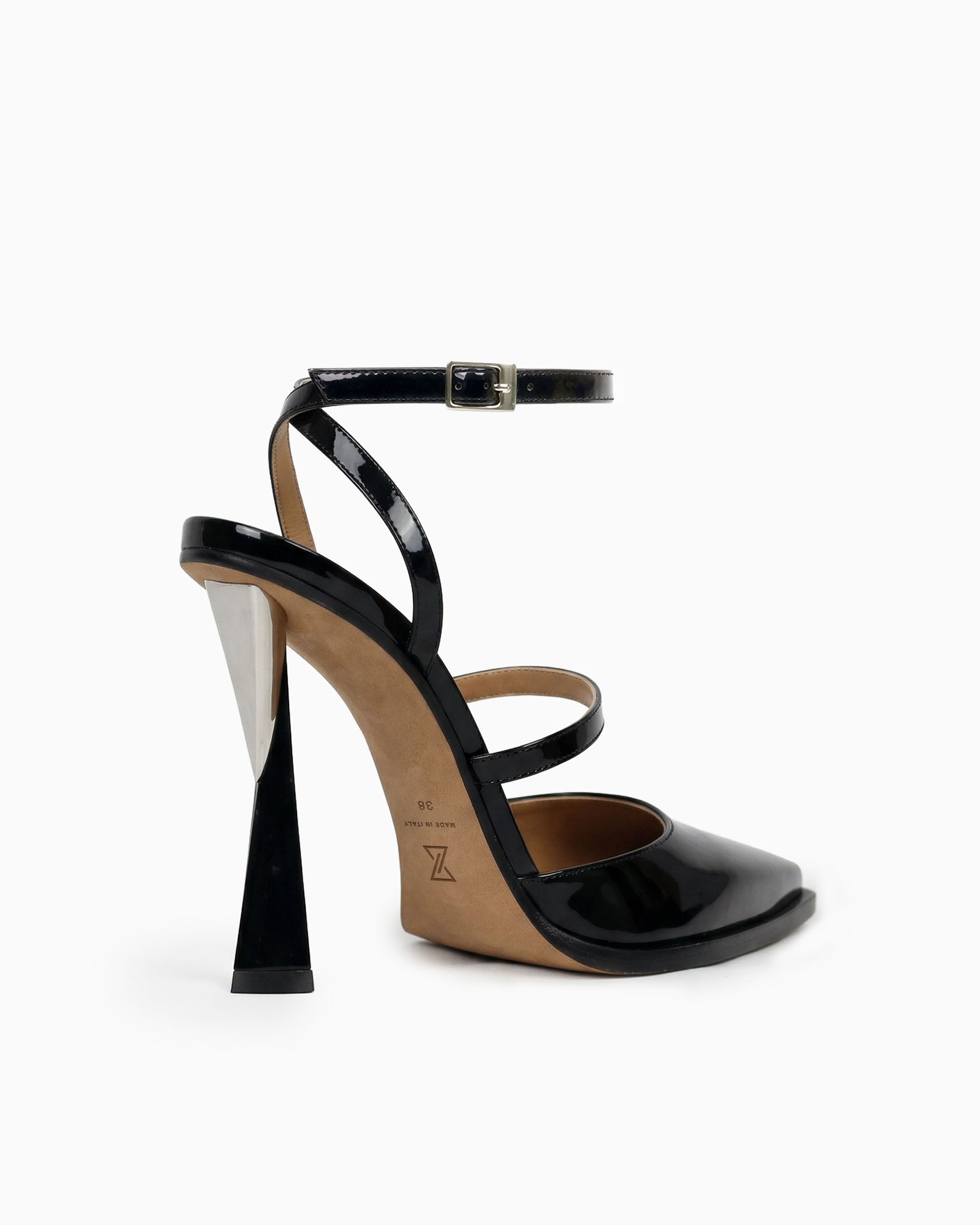 Victoria black patent leather heels with ankle strap and sculptural geometric heel, three-quarter view