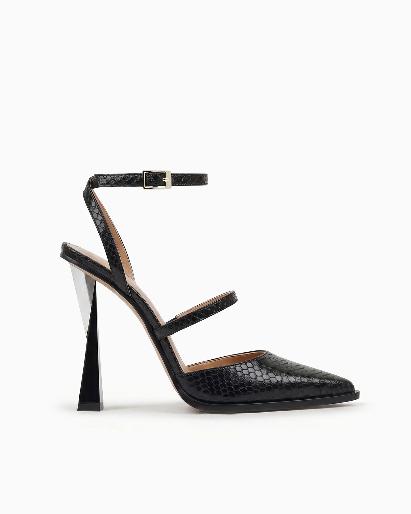 Victoria black ayers leather heels with ankle strap and sculptural geometric heel, side view