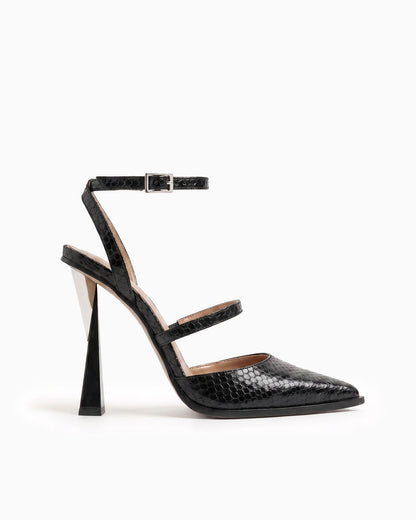 Victoria black ayers leather heels with ankle strap and sculptural geometric heel, side view
