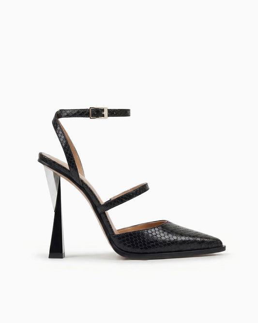 Victoria black ayers leather heels with ankle strap and sculptural geometric heel, side view