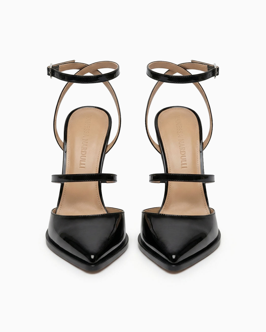 Victoria black patent leather heels with ankle strap and sculptural geometric heel, front view (pair)