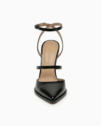 Victoria black patent leather heels with ankle strap and sculptural geometric heel, front view