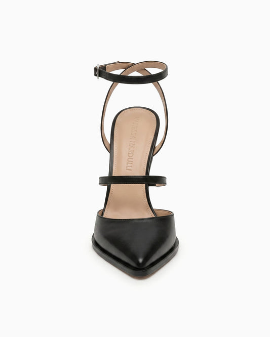 Victoria black nappa sugar leather heels with ankle strap and sculptural geometric heel, front view