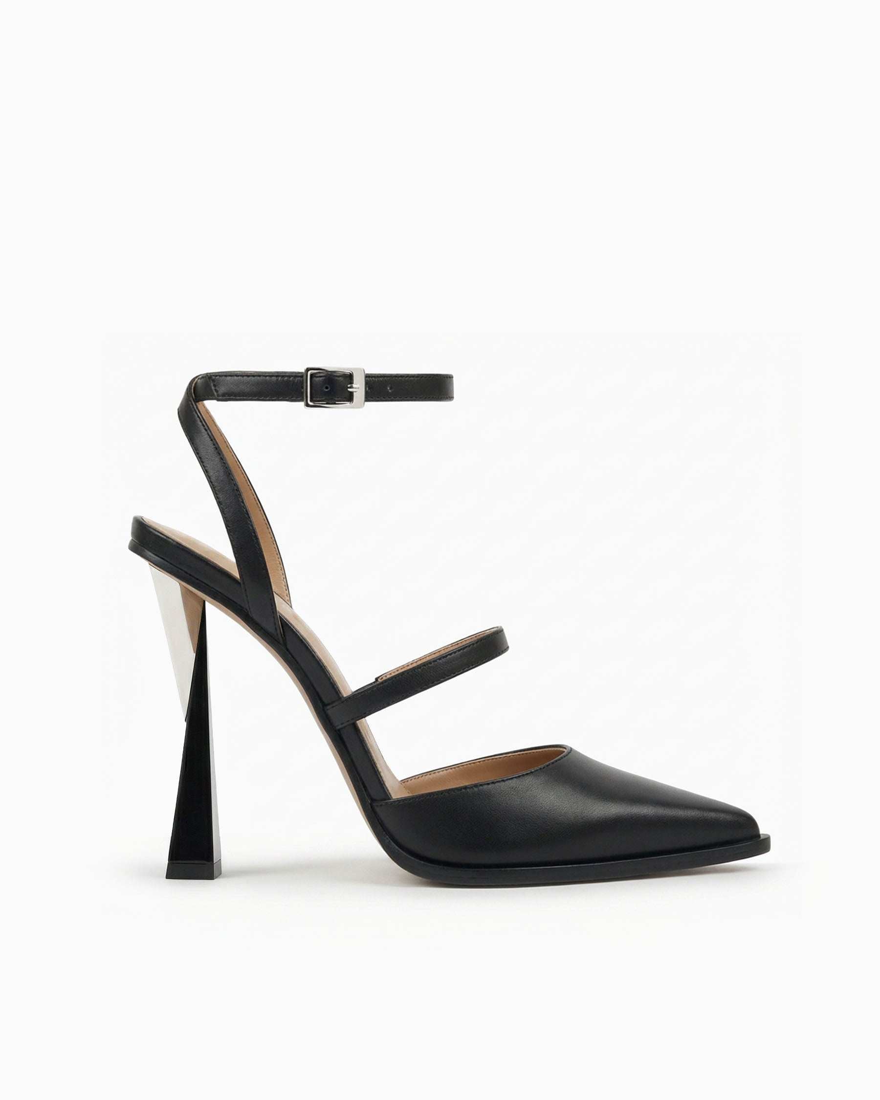 Victoria black ayers leather heels with ankle strap and sculptural geometric heel, side view