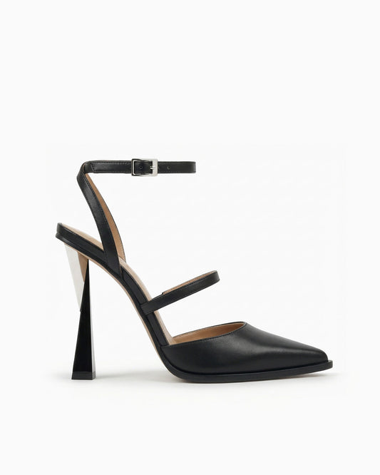 Victoria black ayers leather heels with ankle strap and sculptural geometric heel, side view